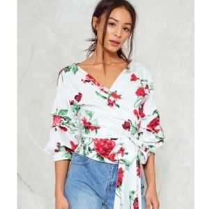 Nasty Gal Take a Wrap Floral Puffed Sleeves Top OS NWT